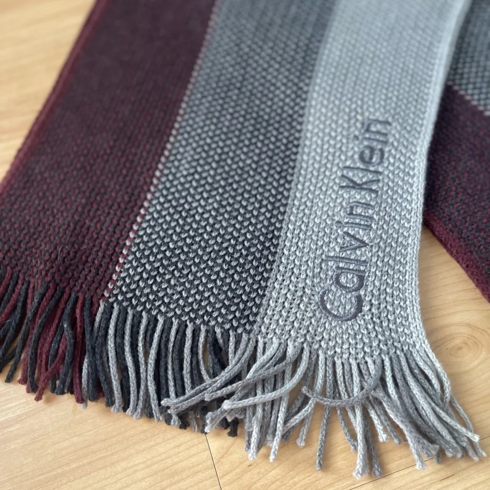 Calvin Klein Mens Knit Gray Burgundy Tonal Ombre Striped Winter Fall Scarf 60”